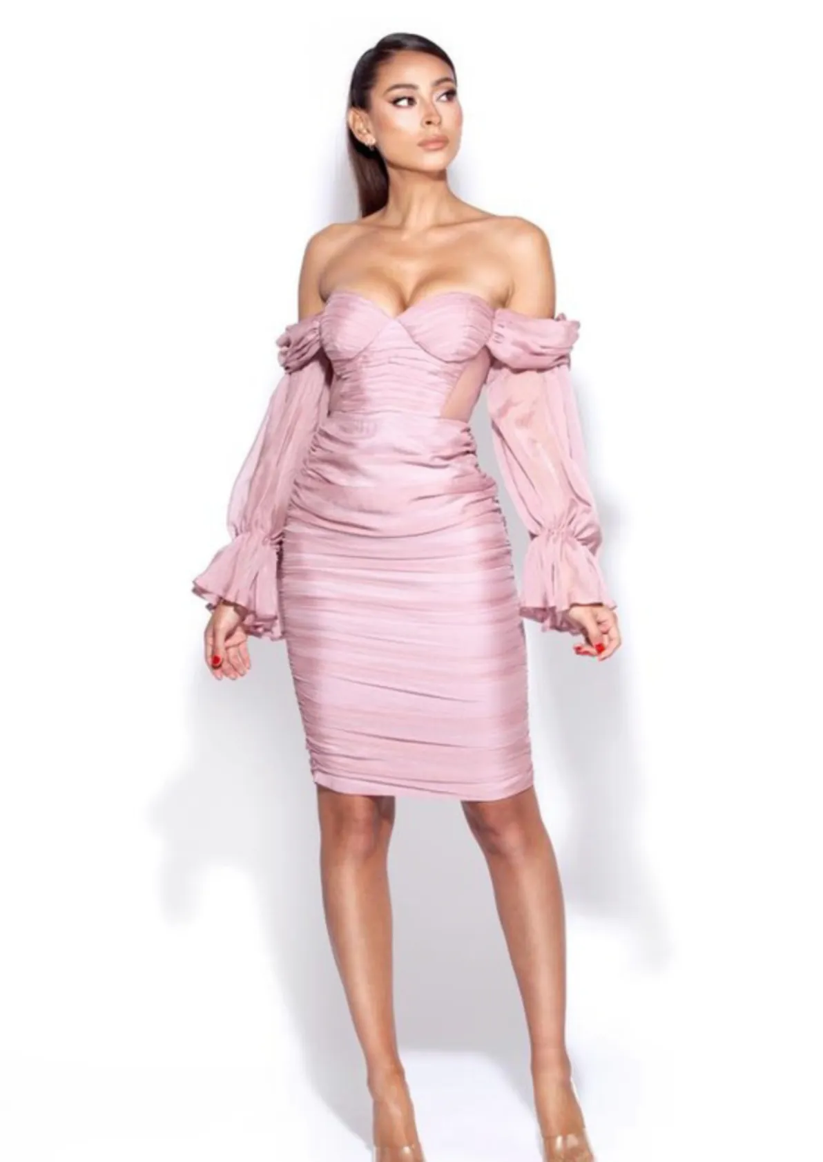 "ZAYDA" BLUSH SILK OFF SHOULDER BALLON SLEEVES MIDI DRESS