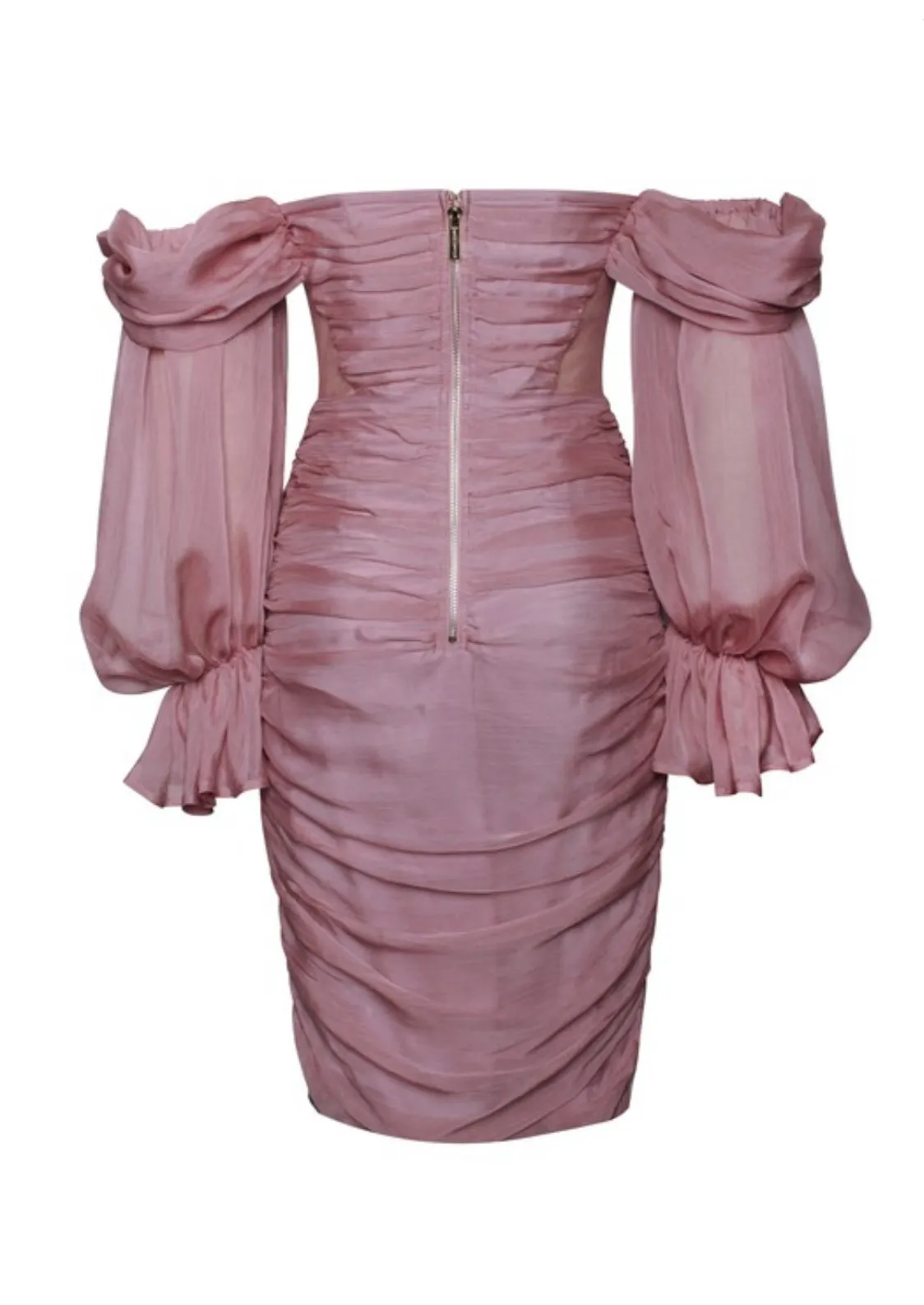 "ZAYDA" BLUSH SILK OFF SHOULDER BALLON SLEEVES MIDI DRESS