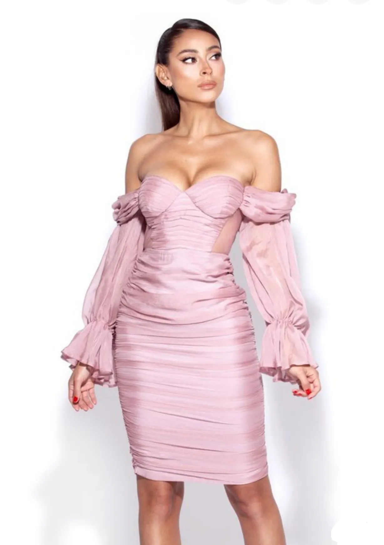 "ZAYDA" BLUSH SILK OFF SHOULDER BALLON SLEEVES MIDI DRESS