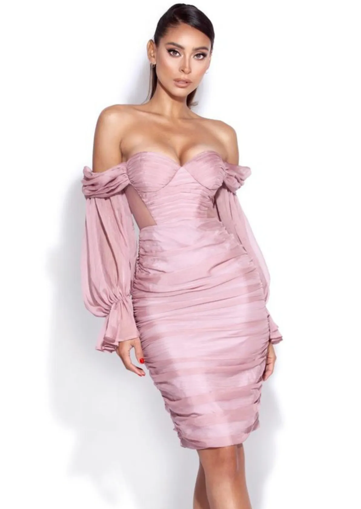 "ZAYDA" BLUSH SILK OFF SHOULDER BALLON SLEEVES MIDI DRESS