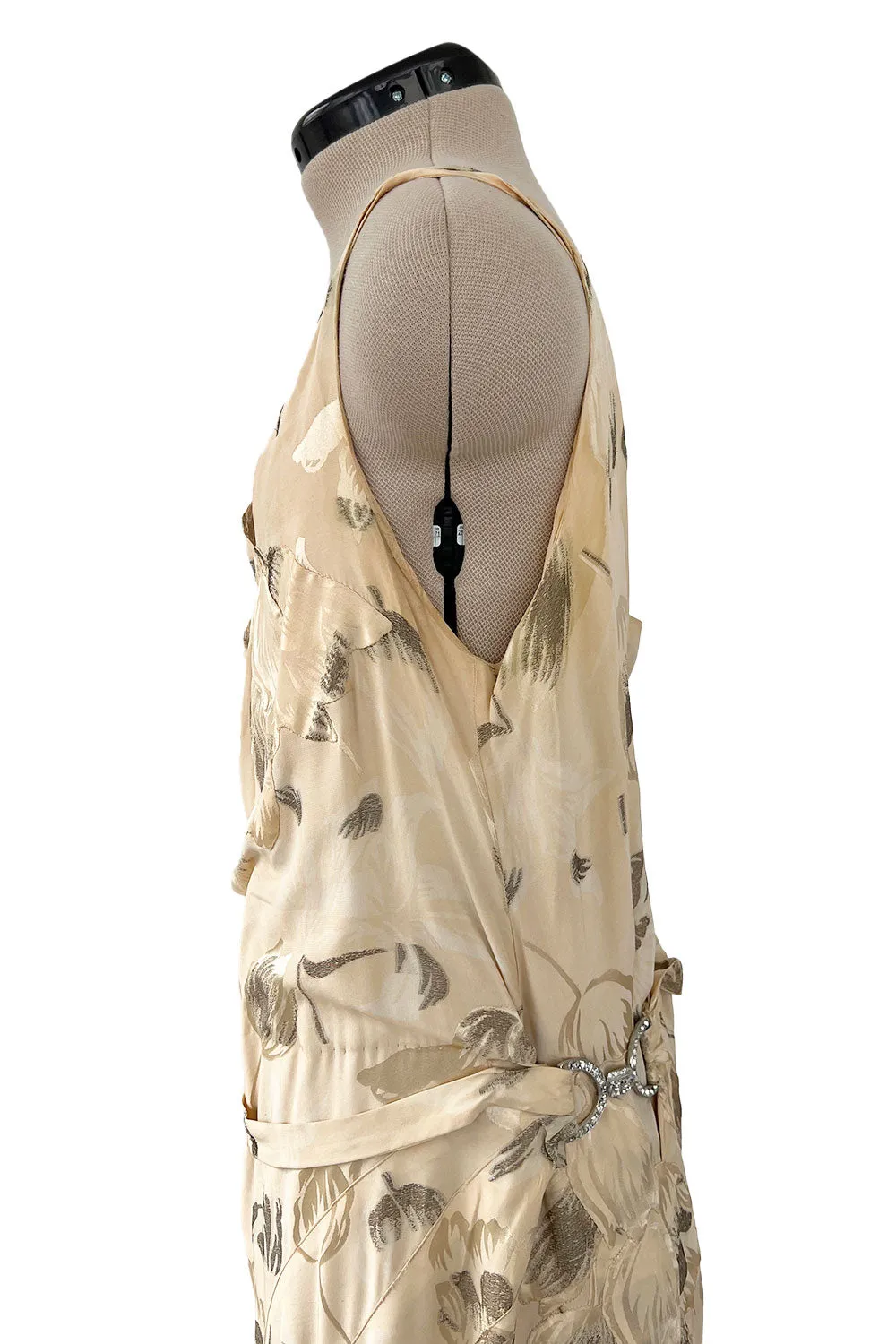Rare & Beautiful 1920s E. L. Mayer Pale Gold Silk Flapper Dress w Lame & Rhinestone Detailing
