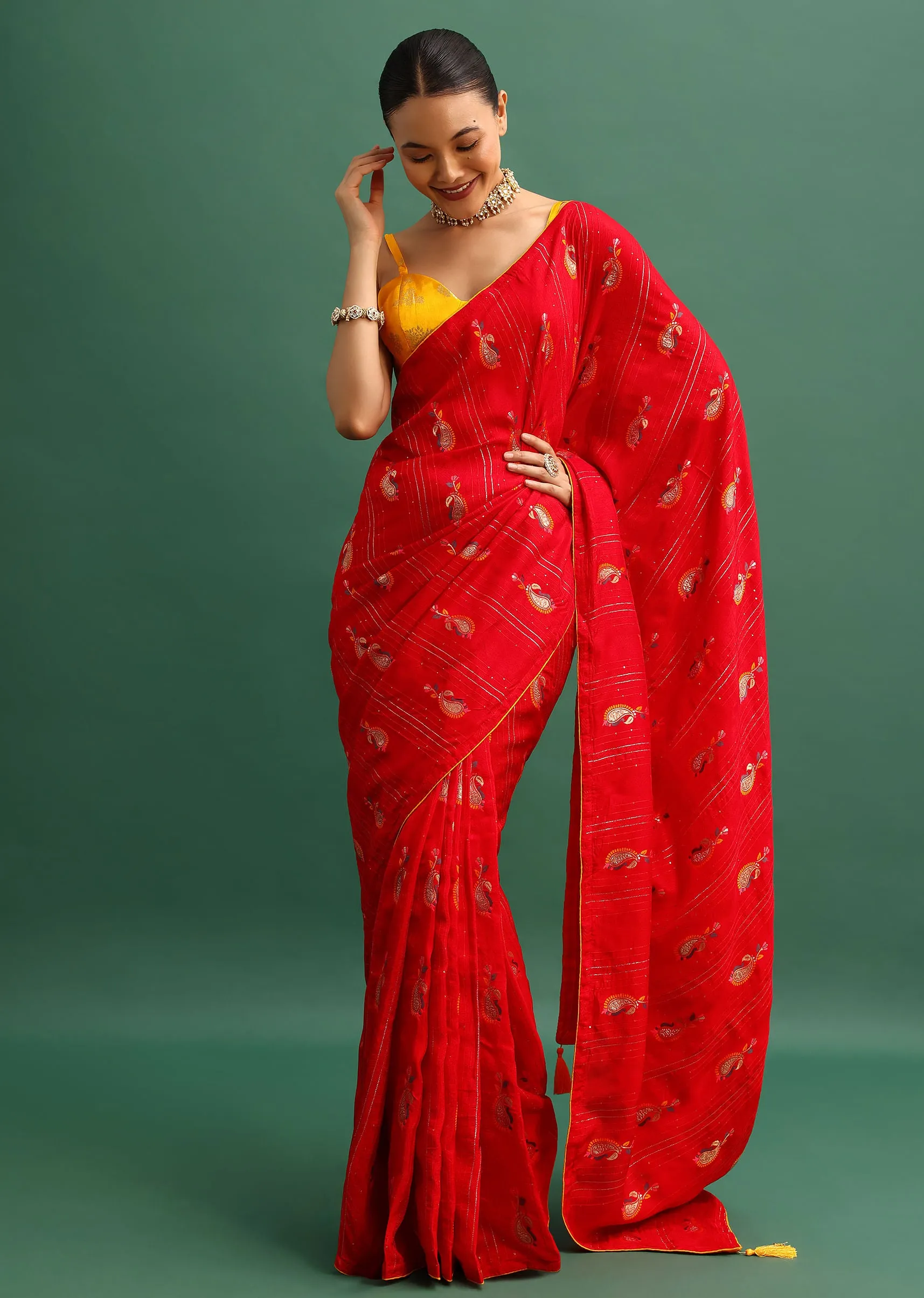 Red Dola Silk Woven Saree In Zari And Peacock Motifs