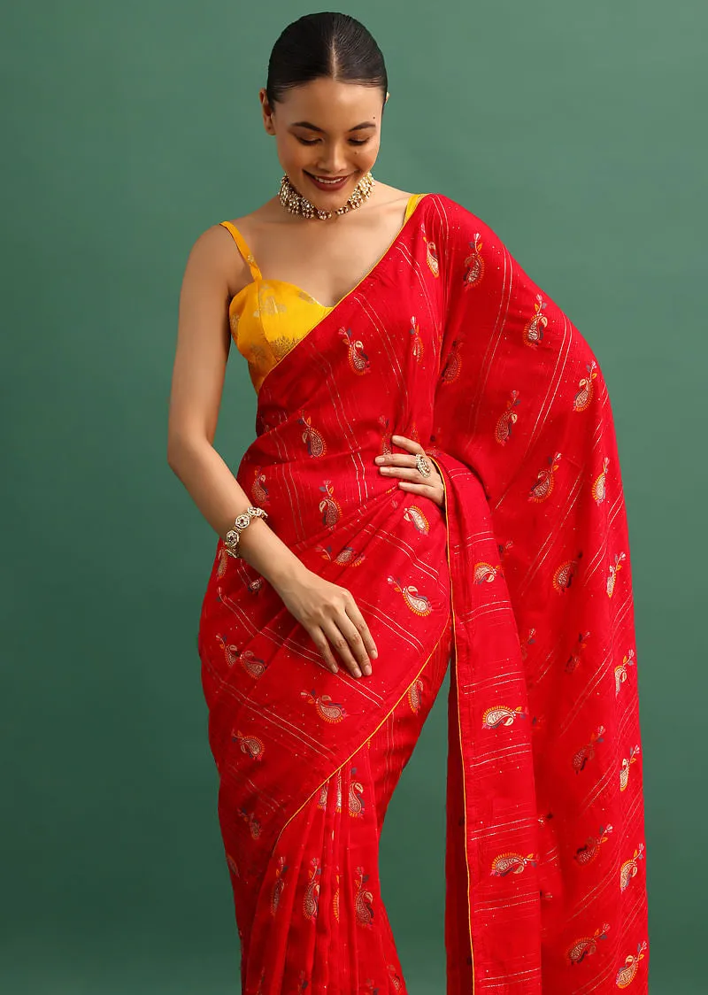 Red Dola Silk Woven Saree In Zari And Peacock Motifs