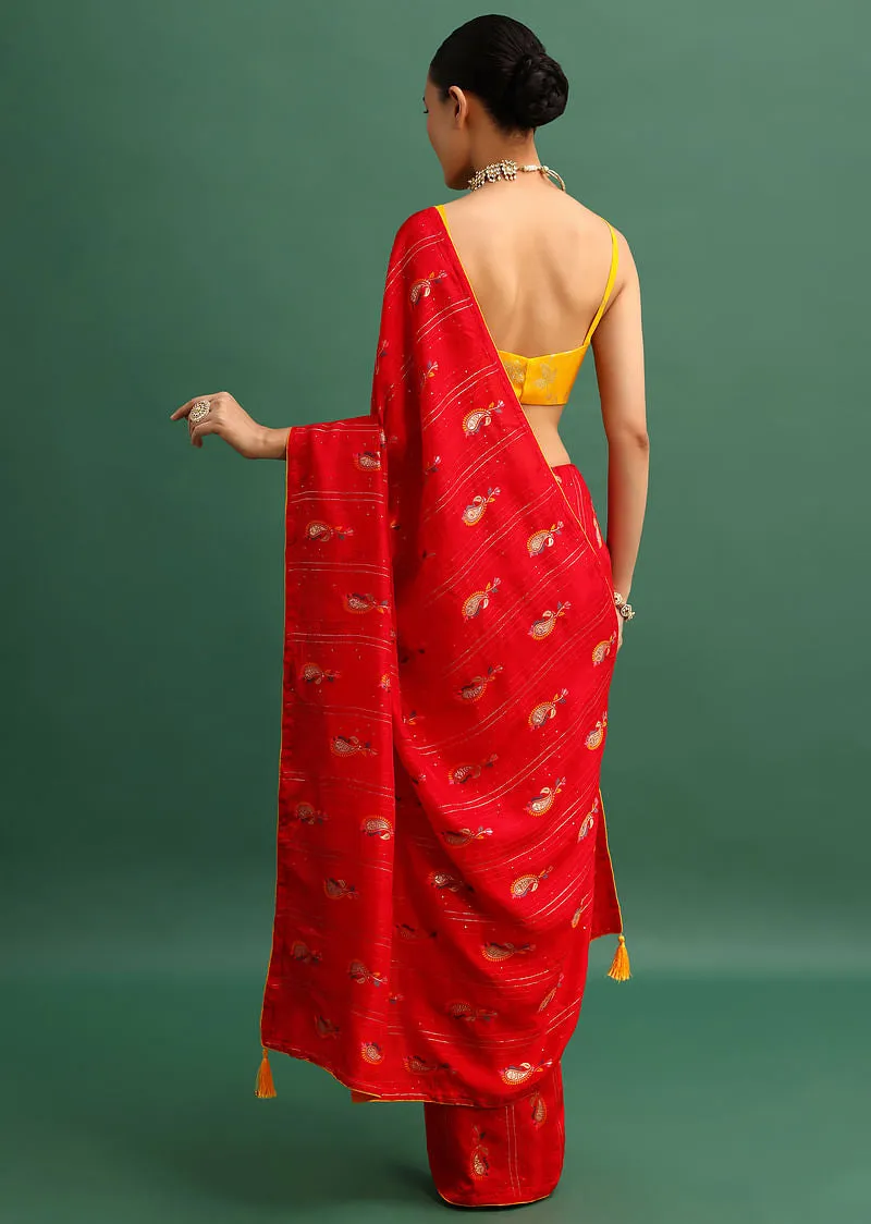 Red Dola Silk Woven Saree In Zari And Peacock Motifs