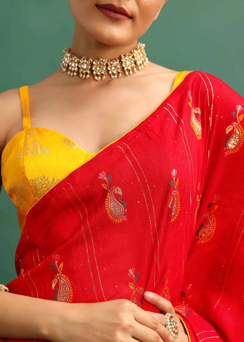 Red Dola Silk Woven Saree In Zari And Peacock Motifs