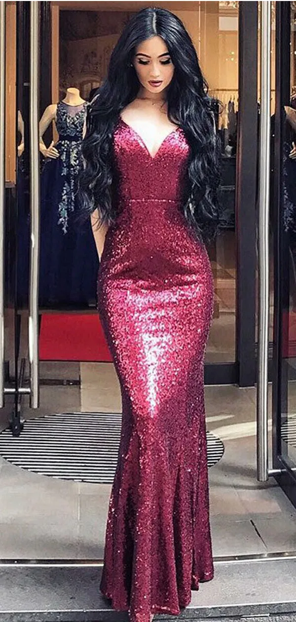 Red Mermaid Spaghetti Straps Backless Long Sequin Prom Dresses, TYP1437