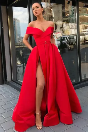 Red Satin A-line Off-the-Shoulder High Split Prom Dresses With Pockets, MP722