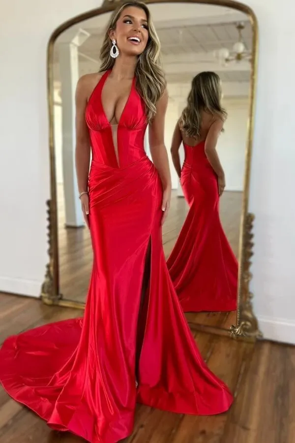 Red Satin Halter Neck Mermaid Simple Prom Dresses, Evening Dresses, MP987