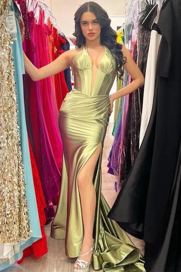 Red Satin Halter Neck Mermaid Simple Prom Dresses, Evening Dresses, MP987