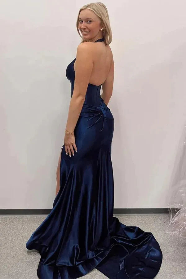 Red Satin Halter Neck Mermaid Simple Prom Dresses, Evening Dresses, MP987
