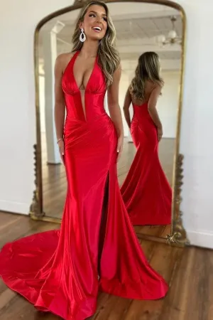 Red Satin Halter Neck Mermaid Simple Prom Dresses, Evening Dresses, MP987