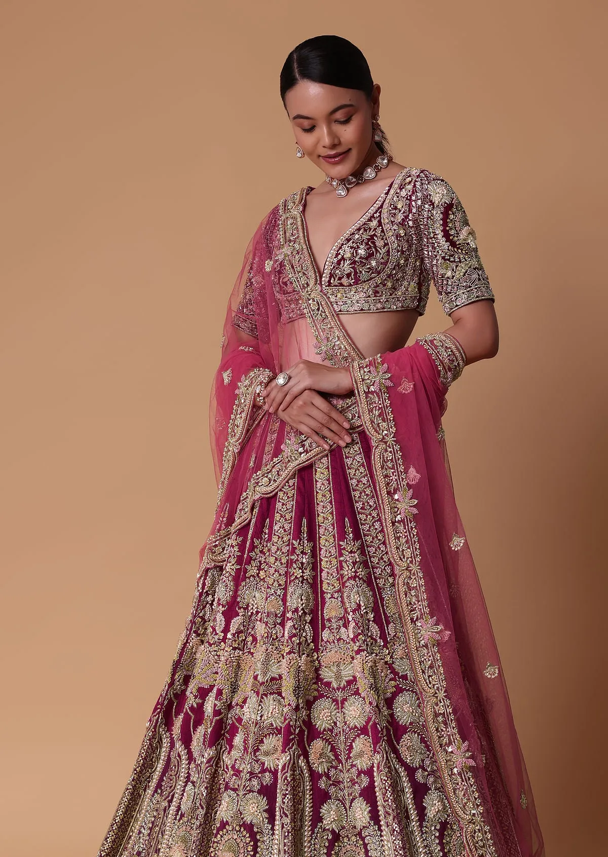 Red Velvet Raw Silk 16 Kali Zardosi Lehenga With Pearl Blouse Set