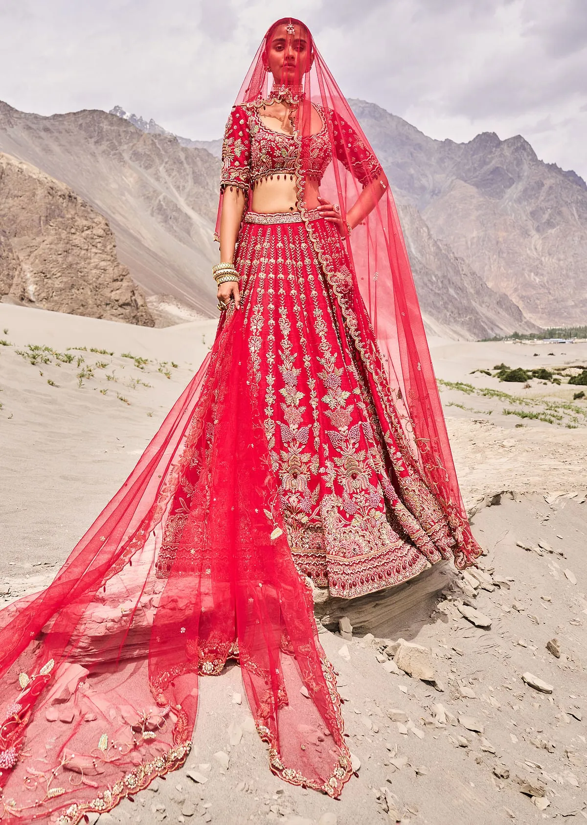 Red Zardosi Embroidered Lehenga Set With Two Dupattas
