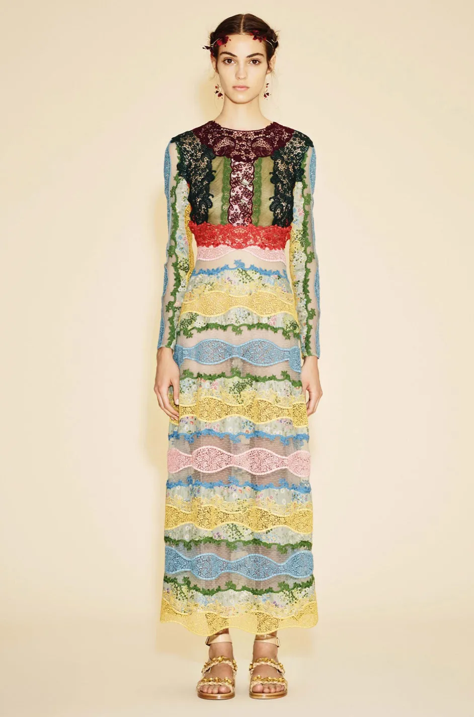 Resort 2016 Valentino Lace, Silk and Cotton Backless Patchwork Dress