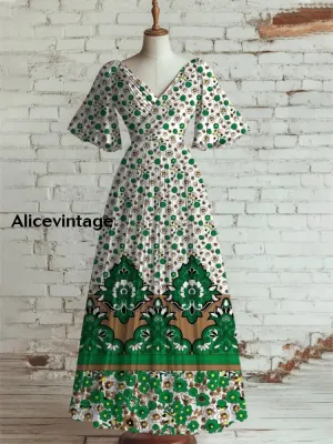 Retro Floral Art Print V-Neck Short Sleeve Vintage Elegant Dress