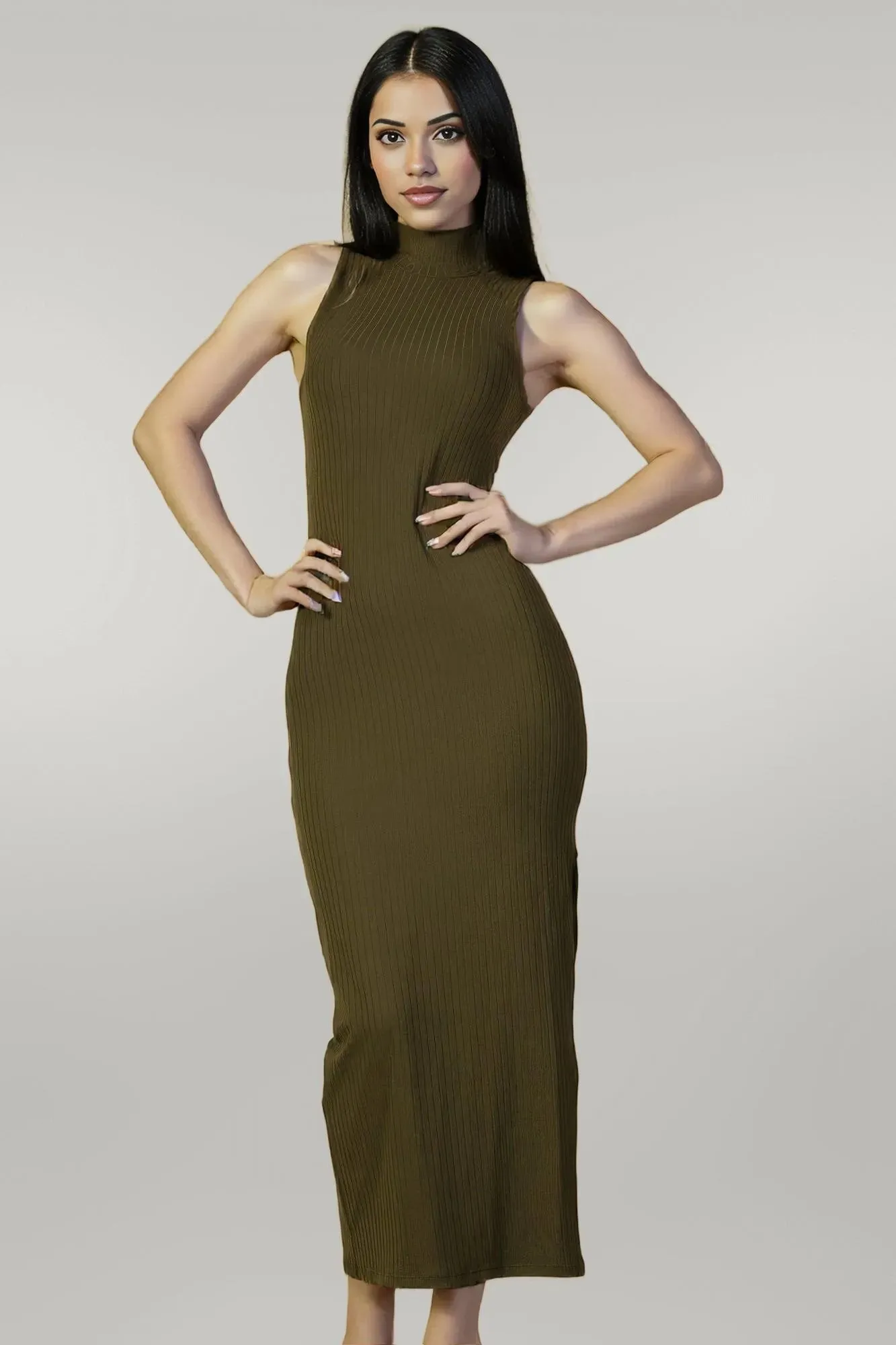 Ribbed Mock Neck Side Slit Sleeveless Bodycon Maxi Dress