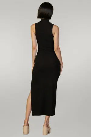 Ribbed Mock Neck Side Slit Sleeveless Bodycon Maxi Dress
