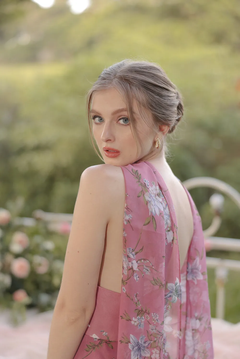ROMA Strapless Curved Neckline Midi Dress with Silk Scarf  (Floral Chiffon Mauve)