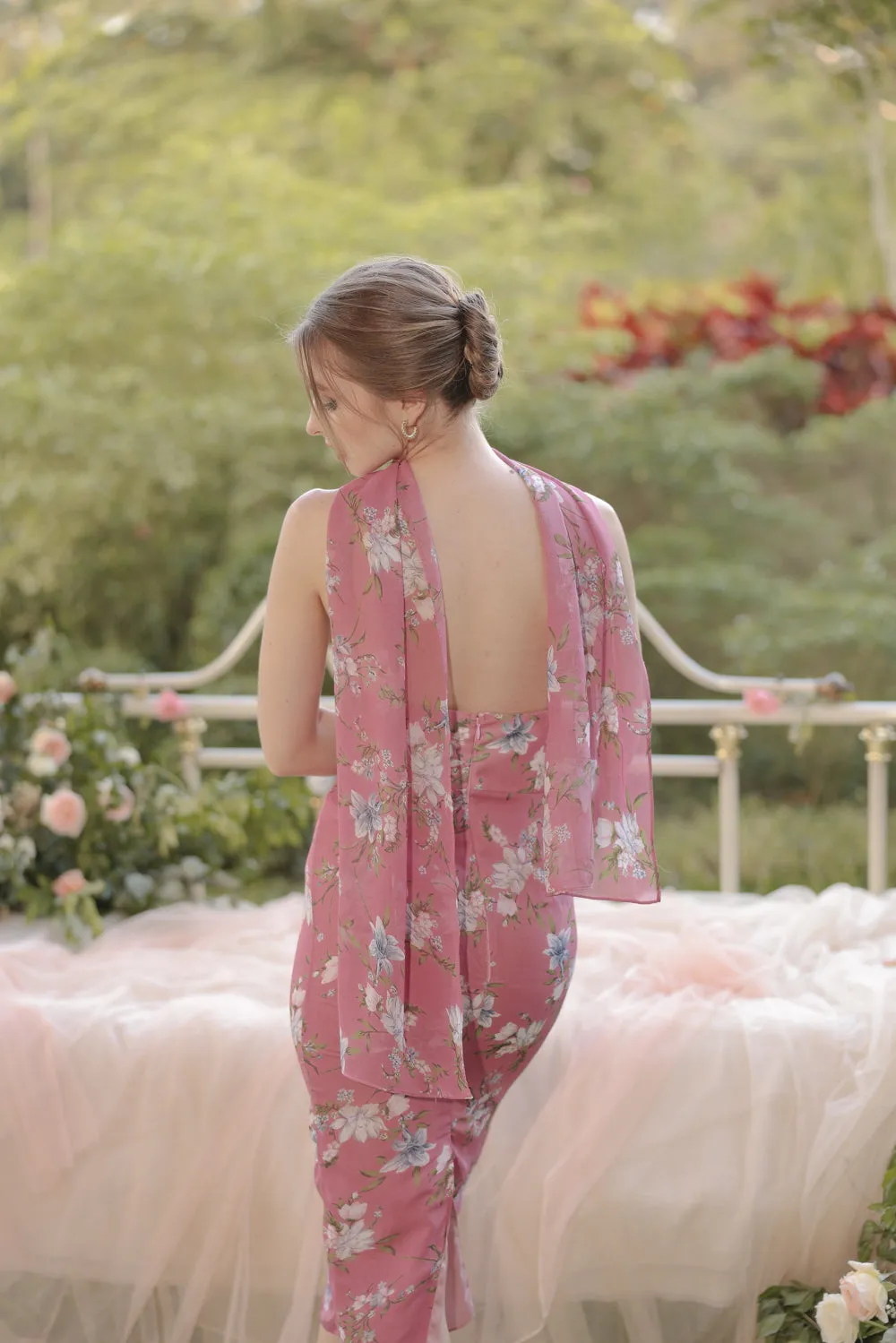 ROMA Strapless Curved Neckline Midi Dress with Silk Scarf  (Floral Chiffon Mauve)