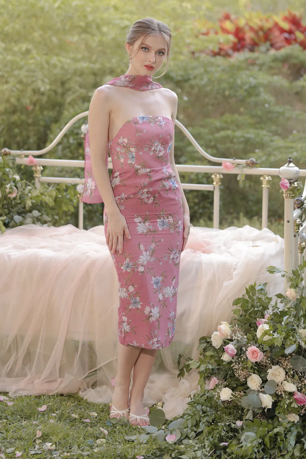 ROMA Strapless Curved Neckline Midi Dress with Silk Scarf  (Floral Chiffon Mauve)