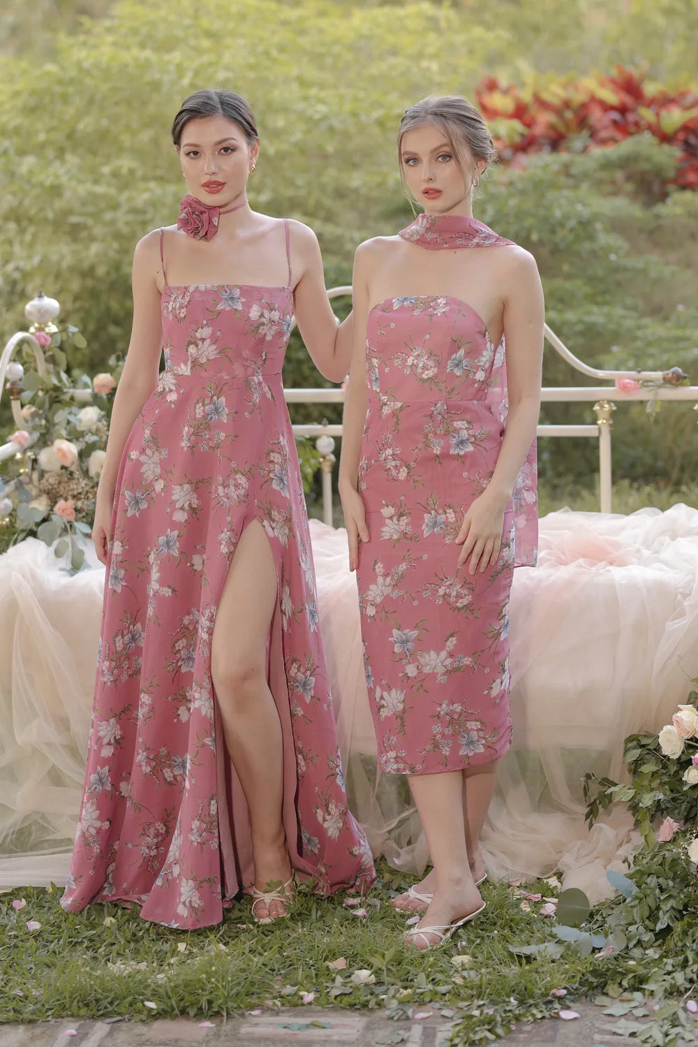ROMA Strapless Curved Neckline Midi Dress with Silk Scarf  (Floral Chiffon Mauve)
