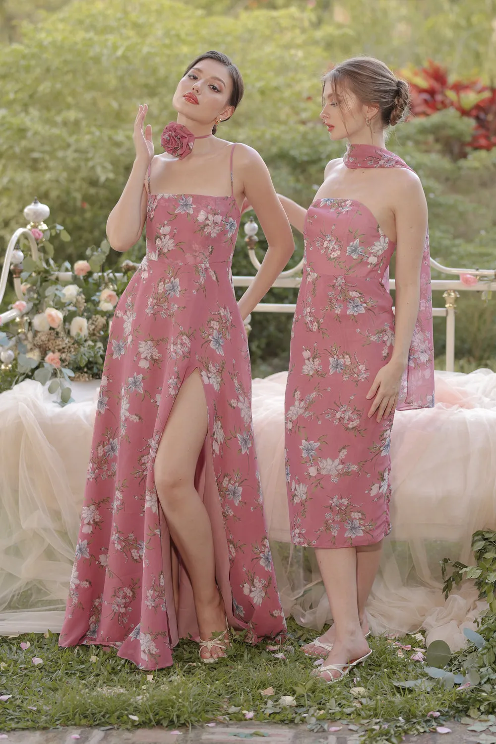 ROMA Strapless Curved Neckline Midi Dress with Silk Scarf  (Floral Chiffon Mauve)