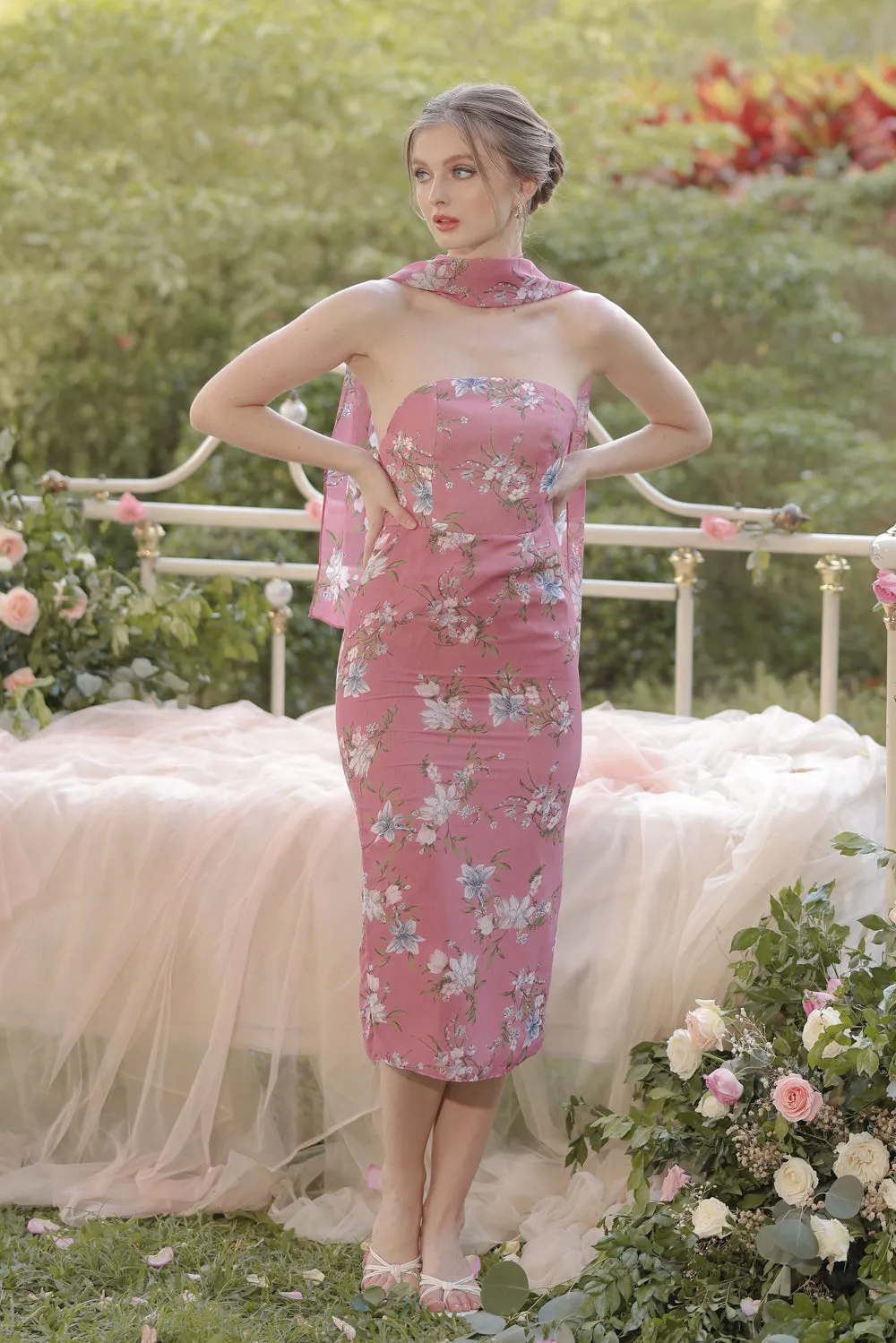 ROMA Strapless Curved Neckline Midi Dress with Silk Scarf  (Floral Chiffon Mauve)