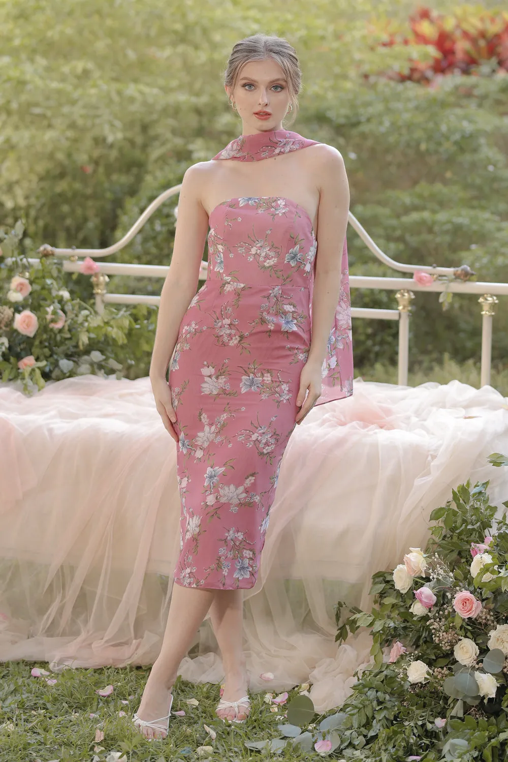 ROMA Strapless Curved Neckline Midi Dress with Silk Scarf  (Floral Chiffon Mauve)