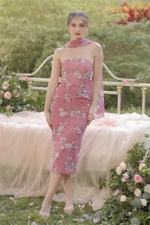 ROMA Strapless Curved Neckline Midi Dress with Silk Scarf  (Floral Chiffon Mauve)