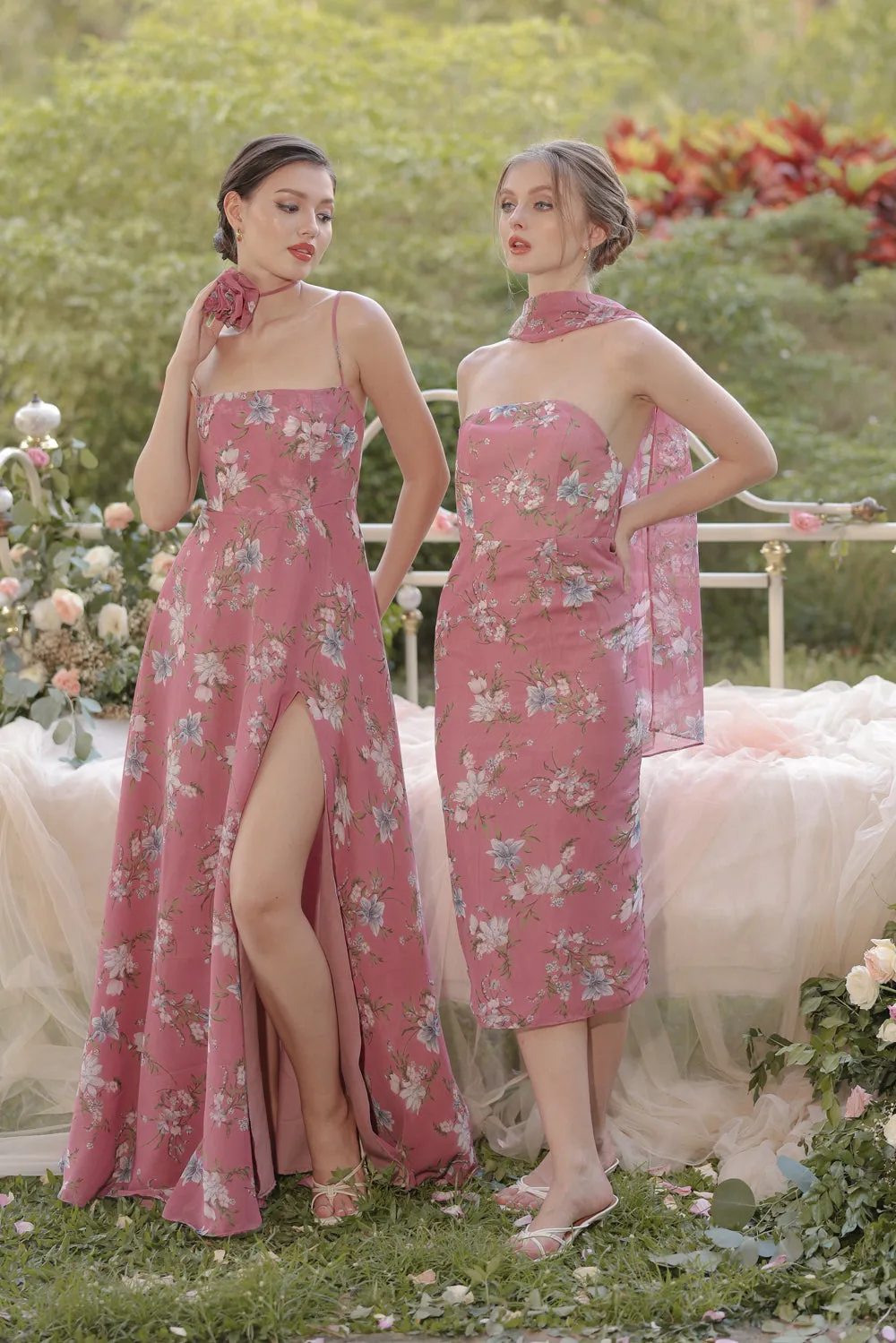 ROMA Strapless Curved Neckline Midi Dress with Silk Scarf  (Floral Chiffon Mauve)