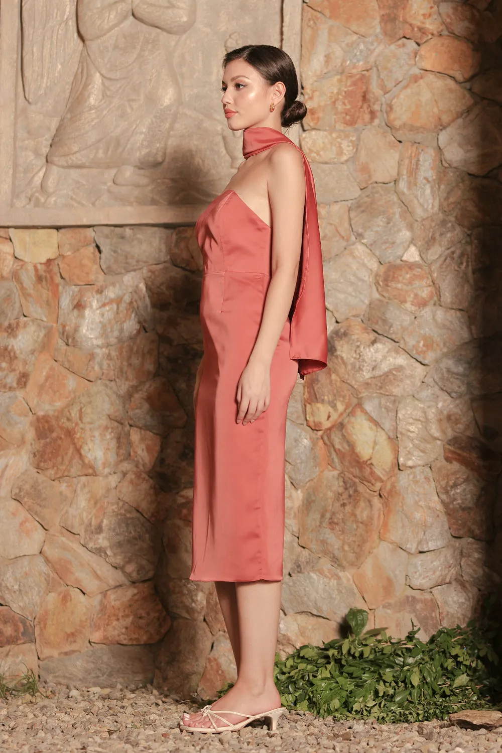 ROMA Strapless Curved Neckline Midi Dress with Silk Scarf  (Rust Silk Crepe)