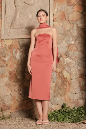ROMA Strapless Curved Neckline Midi Dress with Silk Scarf  (Rust Silk Crepe)