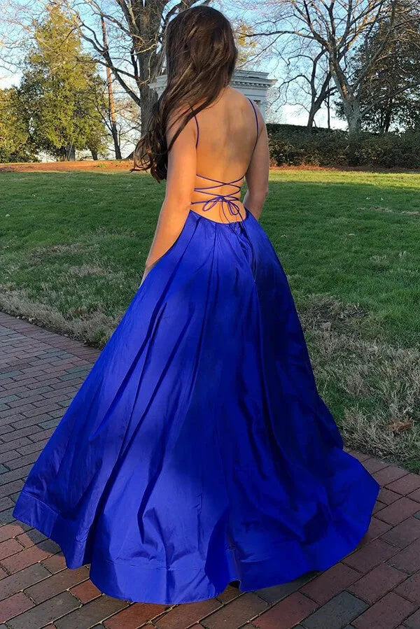 Royal Blue Satin A-line Spaghetti Straps Long Prom Dresses With Slit, MP892