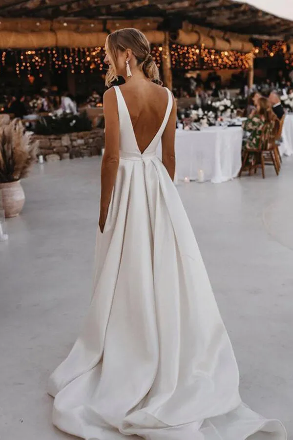 Roycebridal Elegant Satin A-line V-neck Sweep Train Wedding Dresses, Bridal Gown, MW621