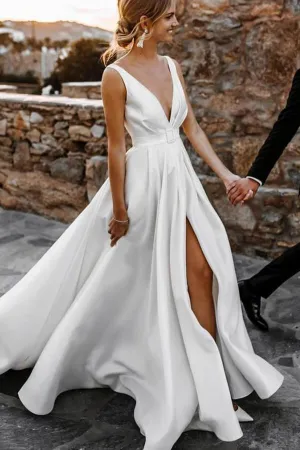 Roycebridal Elegant Satin A-line V-neck Sweep Train Wedding Dresses, Bridal Gown, MW621