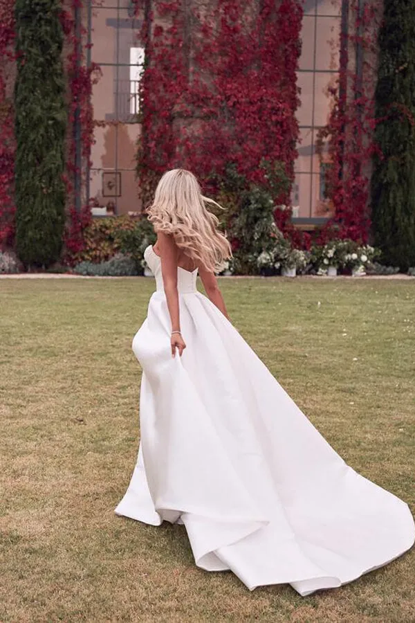 Roycebridal Ivory Satin A-line Strapless Court Train Wedding Dresses With Thigh Slit, MW674