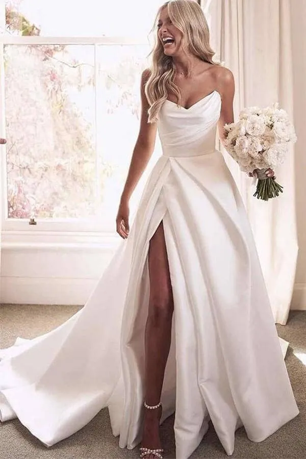 Roycebridal Ivory Satin A-line Strapless Court Train Wedding Dresses With Thigh Slit, MW674