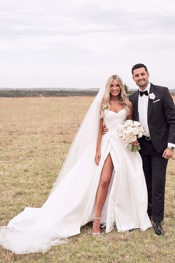 Roycebridal Ivory Satin A-line Strapless Court Train Wedding Dresses With Thigh Slit, MW674