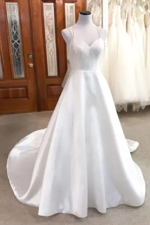 Roycebridal Ivory Satin A-line V-neck Spaghetti Straps Wedding Dresses, Bridal Gown, MW851