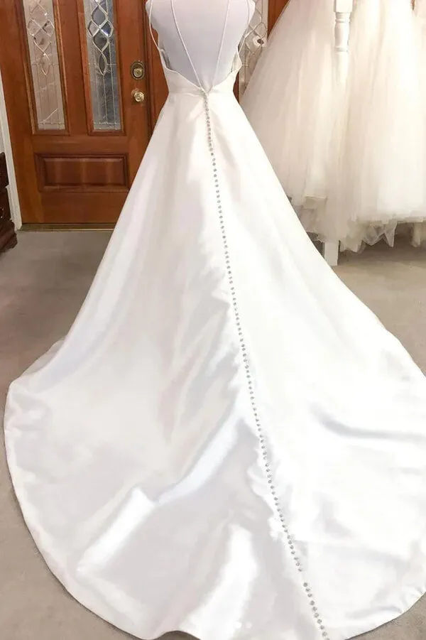 Roycebridal Ivory Satin A-line V-neck Spaghetti Straps Wedding Dresses, Bridal Gown, MW851