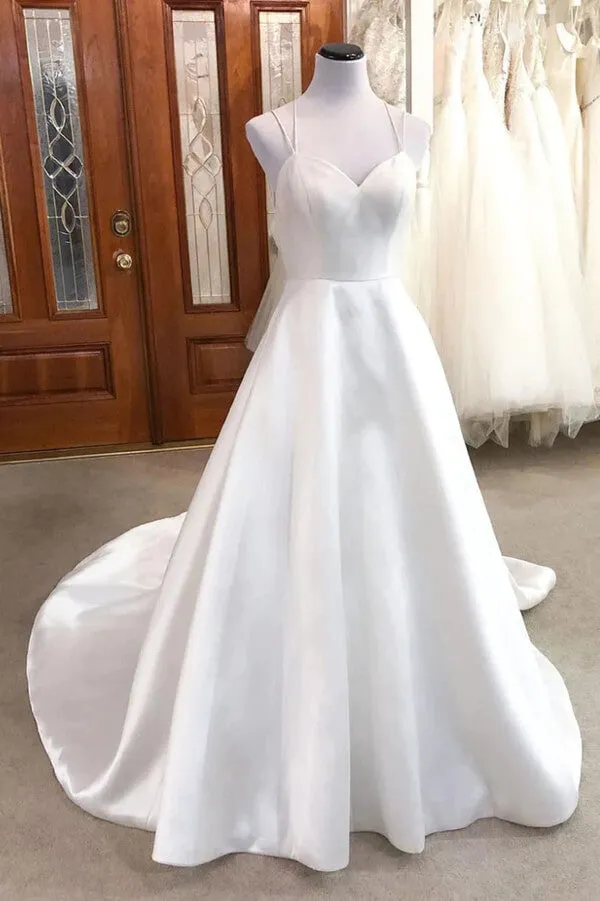 Roycebridal Ivory Satin A-line V-neck Spaghetti Straps Wedding Dresses, Bridal Gown, MW851