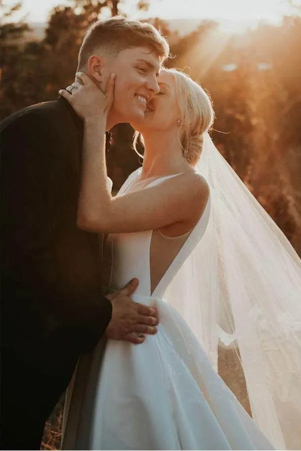 Roycebridal Ivory Satin Simple A-line V-neck Wedding Dresses, Elegant Bridal Gown, MW545