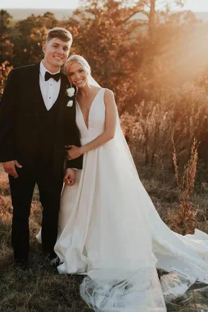 Roycebridal Ivory Satin Simple A-line V-neck Wedding Dresses, Elegant Bridal Gown, MW545