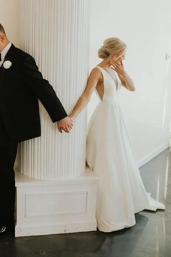 Roycebridal Ivory Satin Simple A-line V-neck Wedding Dresses, Elegant Bridal Gown, MW545