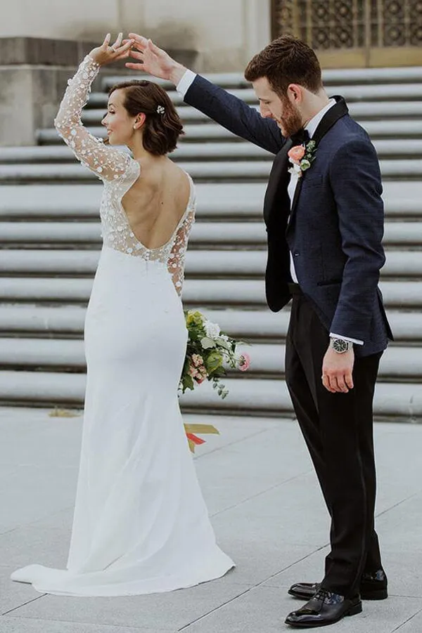 Roycebridal Lace Satin Scoop Mermaid Open Back Long Sleeves Slit Wedding Dresses, MW636
