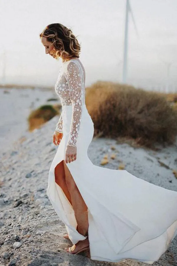 Roycebridal Lace Satin Scoop Mermaid Open Back Long Sleeves Slit Wedding Dresses, MW636
