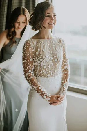 Roycebridal Lace Satin Scoop Mermaid Open Back Long Sleeves Slit Wedding Dresses, MW636