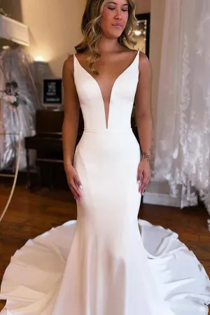 Roycebridal Modest Satin Mermaid Deep V-neck Wedding Dresses With Court Train, MW877