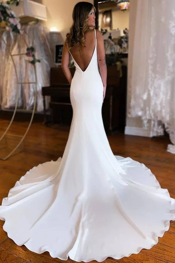Roycebridal Modest Satin Mermaid Deep V-neck Wedding Dresses With Court Train, MW877