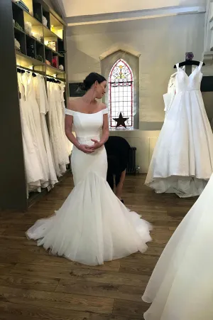 Roycebridal Off Shoulder Satin Mermaid Bridal Dress With Tulle Train Ivory Wedding Dresses,MW346